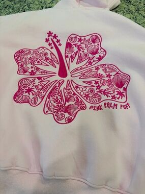 Pink Palm Puff Girls' Light Pink Hoodie with Hot Pink Floral Hibiscus